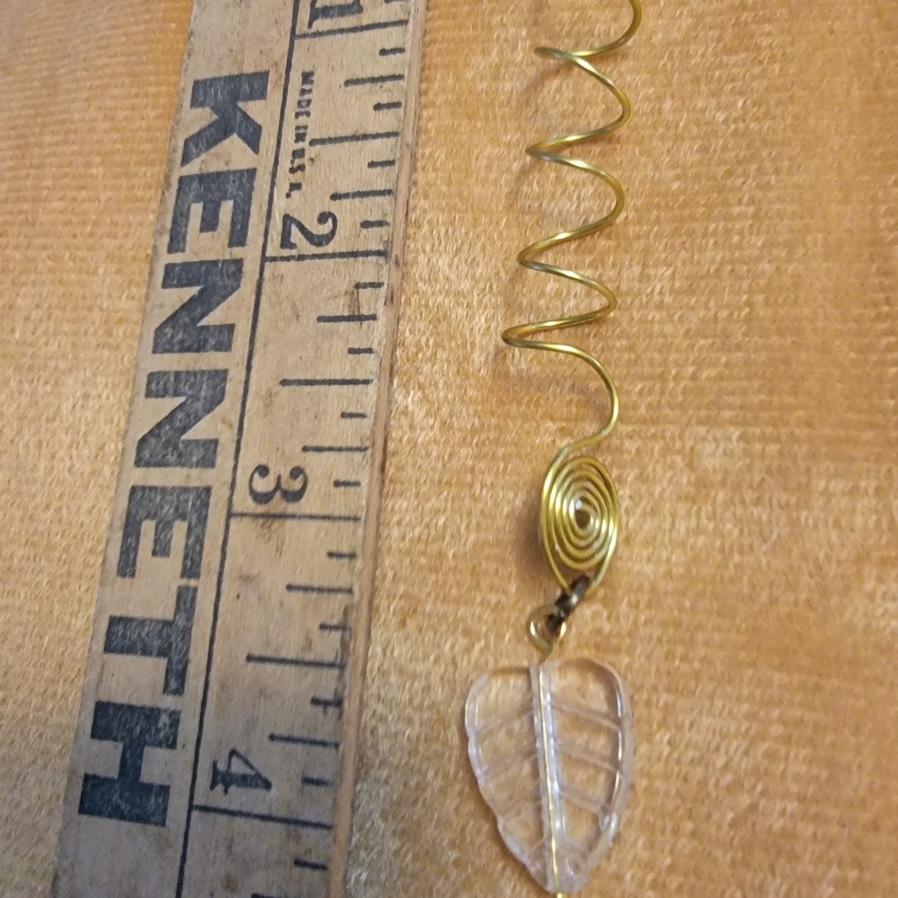 Gold Spiral Wire Dangle Hair Wrap with Clear Leaf Pendant